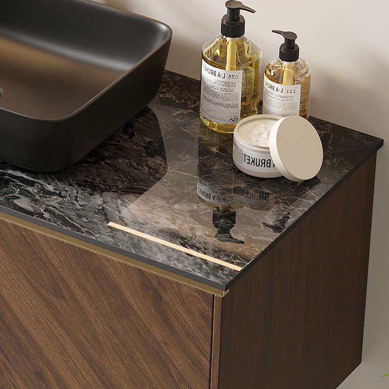 47.24" Modern Bathroom Vanities With Black Glossy Sintered Stone Table Top, Brown Wood Floating Cabinets