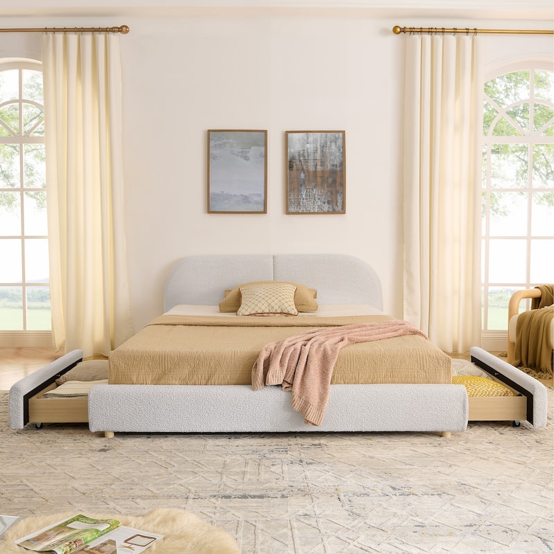 Fabric Upholstered Platform Bed Frame with Curved Headboard/4 Built-in Wheeled Storage Drawers/Sturdy Legs Support/Easy Assembly - Beige - Queen