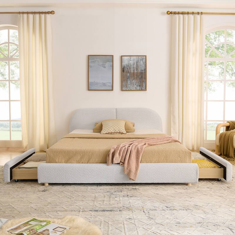 Stylish Curve-shaped Upholstered Platform Bed Frame Modern Minimalist Low Profile Bed with Curved Headboard Optional Storage Bed