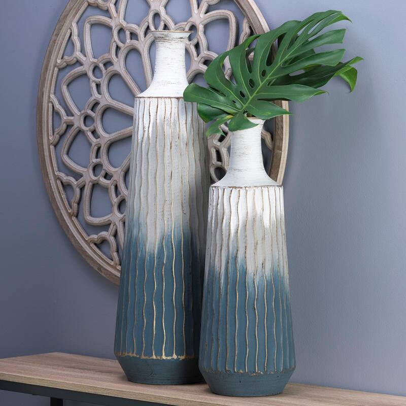 Elements Set of 2 Blue Gray Metal Vases, 20 Inch, 27 Inch