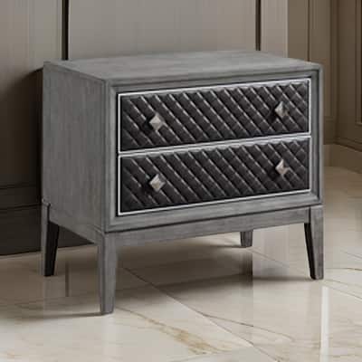 Stacy 29 Inch Nightstand, 2 Faux Leather Upholstered Drawers, Gray Wood