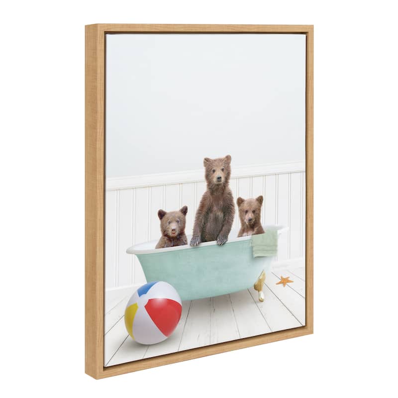 Kate and Laurel Sylvie Three Bear Cubs In Beach House Bath Framed Canvas by Amy Peterson - 18x24 - Natural