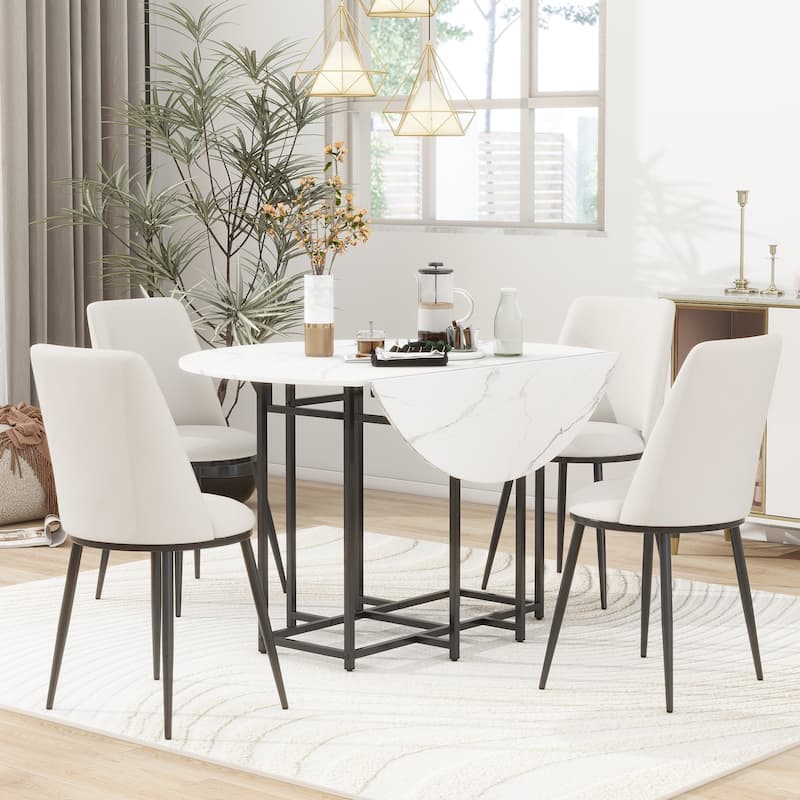 5-Piece Extendable Kitchen Dining Table Set, Round Faux Marble Top with Golden Frame and 4 Upholstered Chairs