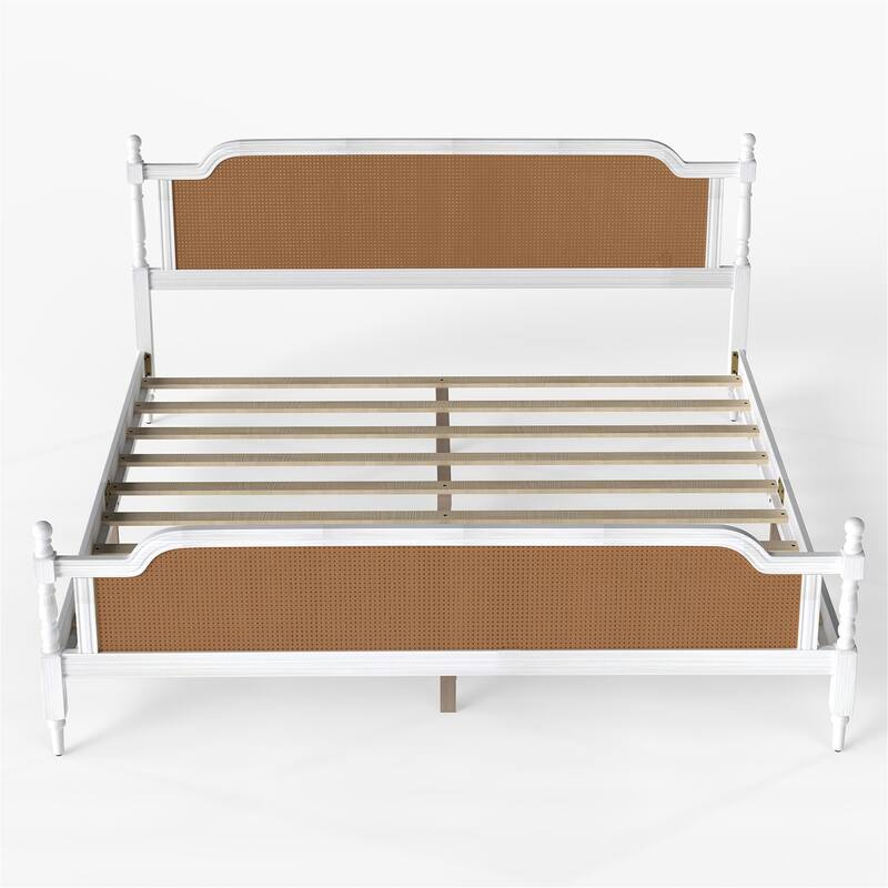 Rattan and Mid-Century Modern Queen Bed Frame with Headboard & Footboard