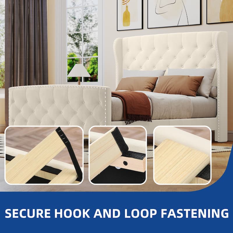 Moasis King Velvet Tufted Upholstered Wingback Platform Bed Frame with Headboard and Footboard