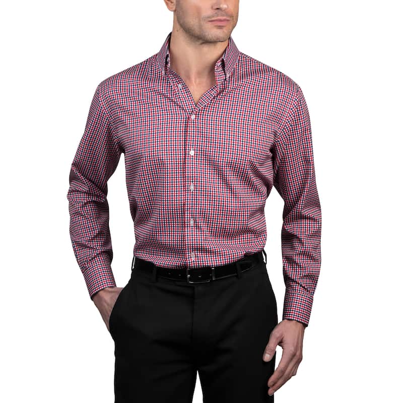 Nautica Men's Wrinkle-Resistant Check Performance Dress Shirt - MT 34/35 - Navy and Red Checks