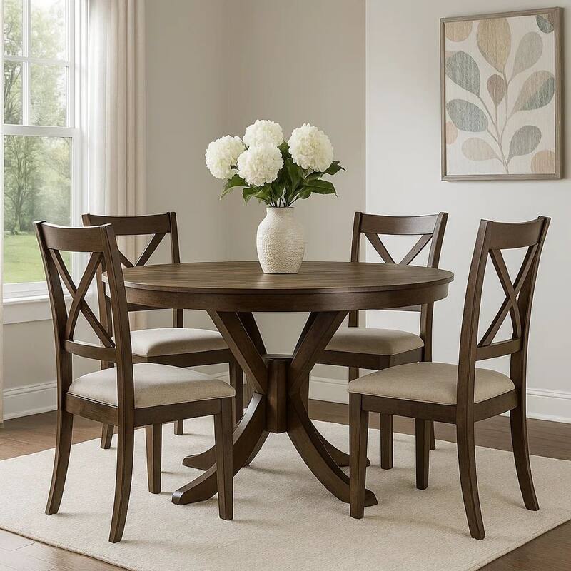 Mexo Dining Table, 53 Inch Round, Walnut Brown Pedestal Base - Walnut Brown