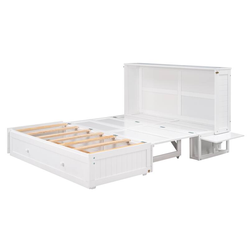 Queen Solid Pine Murphy Bed with Storage Drawer and Shelves