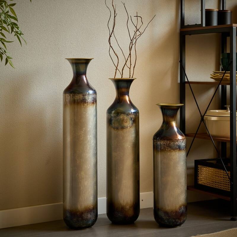 Large White Droplet-Shaped Glazed Metal Floor Vase Set (3-Piece) ，Modern Home Decor for Living Room, Entryway & Office