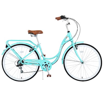 26 Inch Women's Bike, 7-Speed Shimano Shifter, Steel Frame, City Commuter Bicycle with Brown Leather Saddle and V Brakes