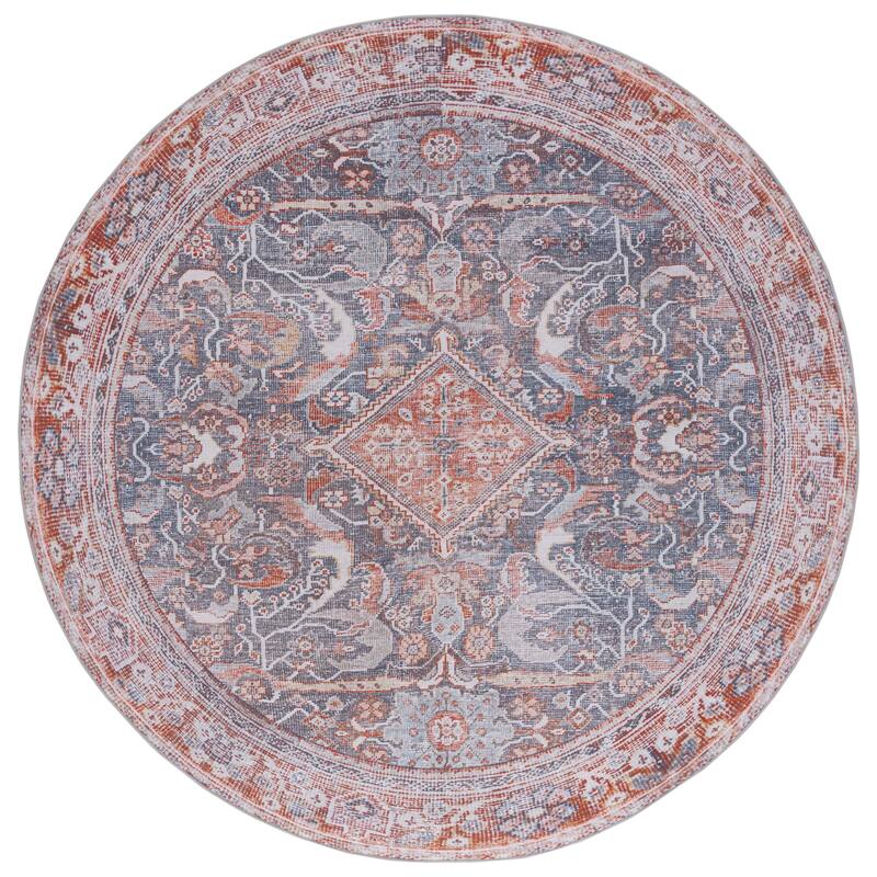 SAFAVIEH Tucson Machine Washable Slip Resistant Urmil Oriental Rug - 6' Round - Grey/Rust