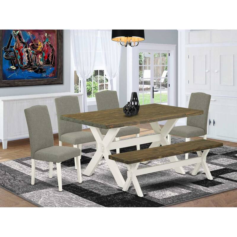 6-Piece Rectangle Distressed Jacobean Finish Solid Wood Top Dining Table with 1-Bench, 4-Chairs with