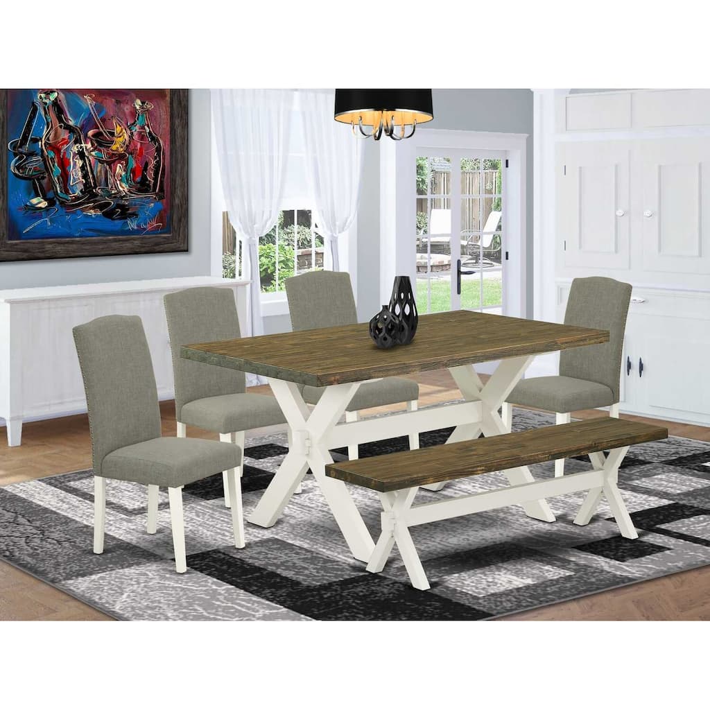 6-Piece Rectangle Distressed Jacobean Finish Solid Wood Top Dining Table with 1-Bench, 4-Chairs with