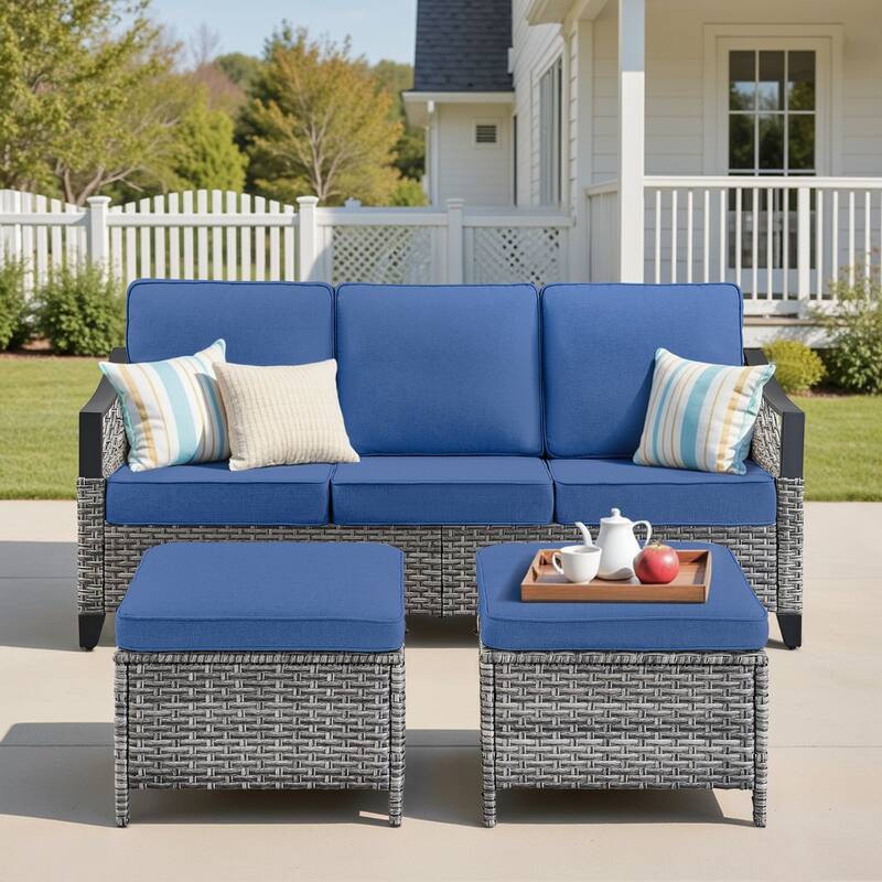 Pocassy Outdoor Wicker Patio Sofa with Ottoman Set of 3 - Gray Wicker Blue Cushion - 3-Piece 3-Seat Sofa with Ottoman