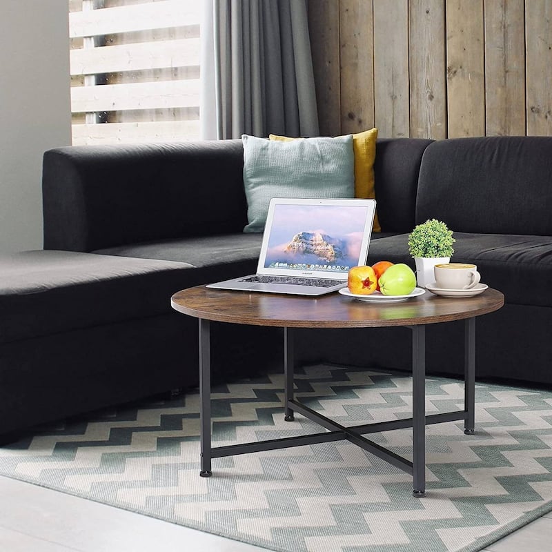 Modern Round Industrial Coffee Table with Rustic Brown Wood Top - 31.5"L x 31.5"W x 15.9"H
