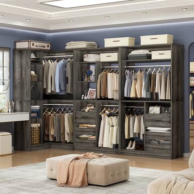 Qvella 72"-108" Closet System with Drawers and Hanging Rods,Freestanding Walk-in Closet Organizer System Wardrobe Closet Tower