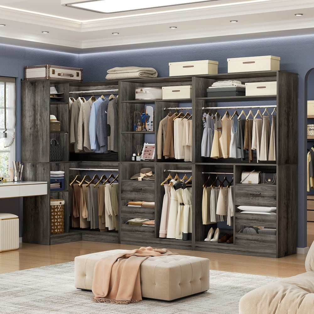 Qvella 72"-108" Closet System with Drawers and Hanging Rods,Freestanding Walk-in Closet Organizer System Wardrobe Closet Tower