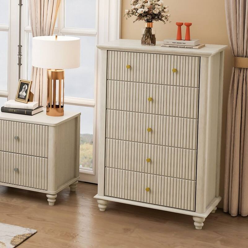 Modern Fluted 5 Drawer Dresser with Metal Handles for Stylish Bedroom Organization and Storage