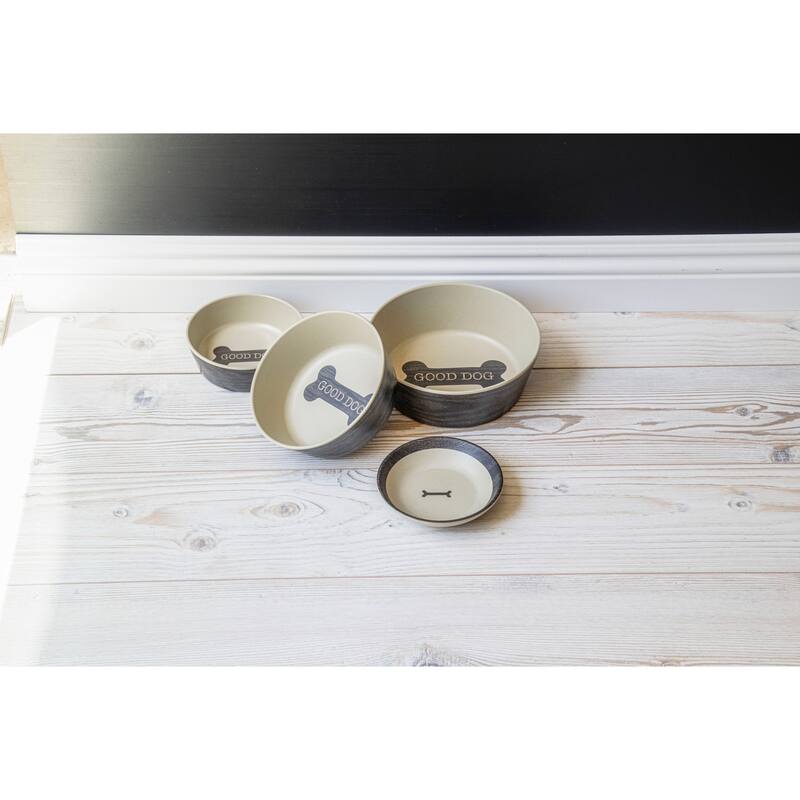 Abode Homewares Blackened Wood Bone Merge Pet Saucer - 0.75 cups - Black - Set of 2