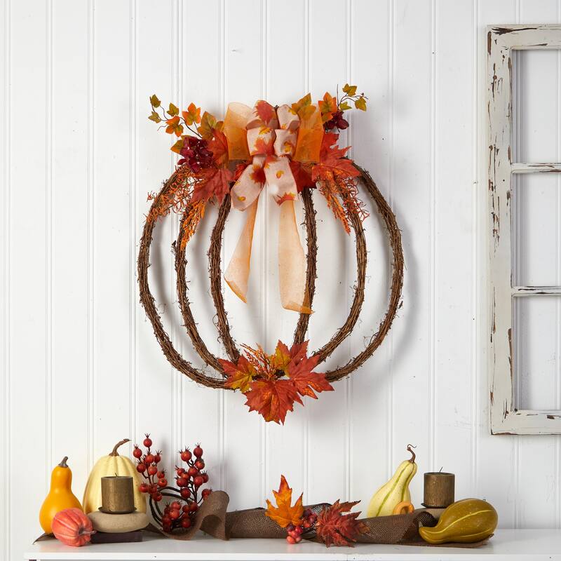 Pumpkin Artificial Fall Harvest Vine Wreath, 26-Inch, Unlit