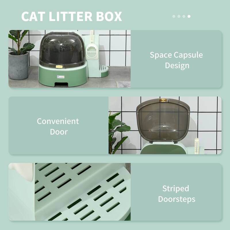 PawHut Cat Litter Box with Lid, Covered Litter Box, Easy to Clean & Open Including Openable Front Cover, Litter Scoop, Green