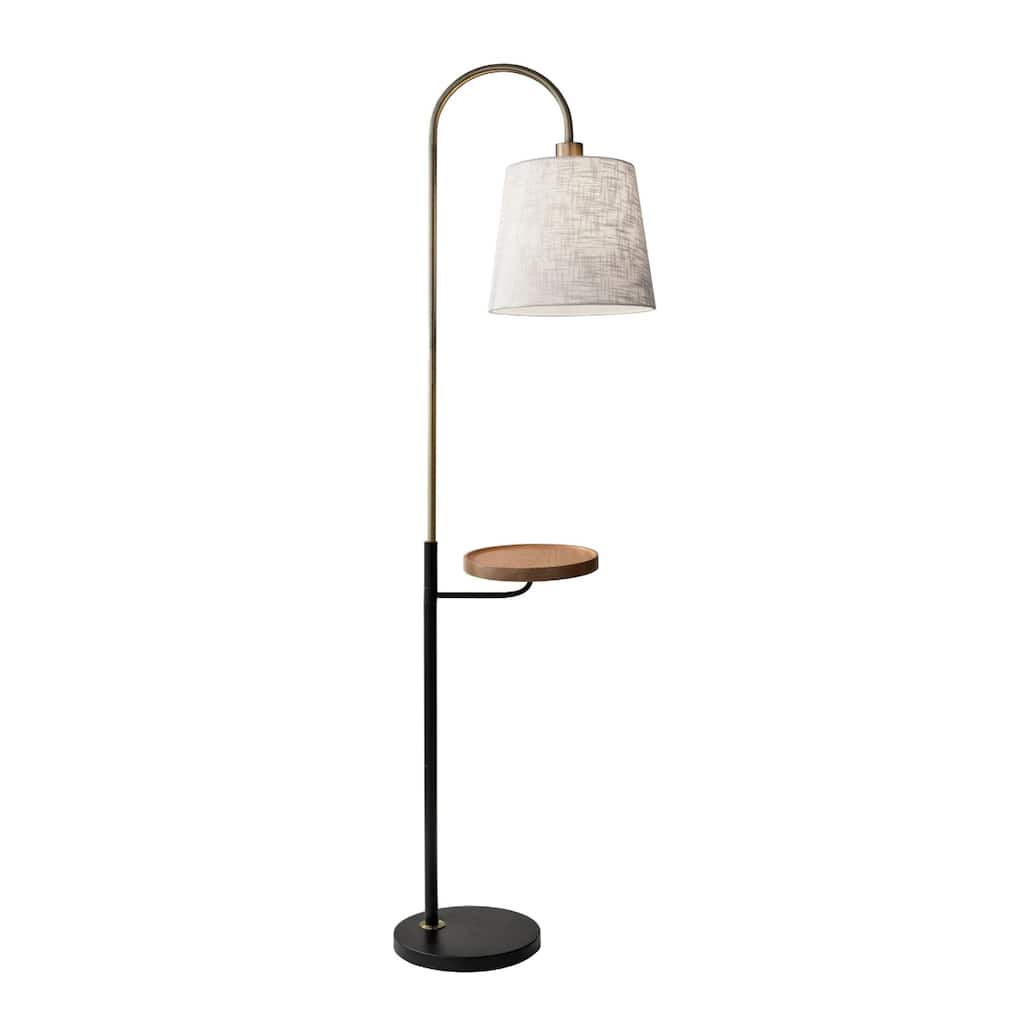 Brass Metal Floor Lamp with Black Base Linen Empire Shade and Tray Table USB Port - 18.5” x 11” x 65” (D x W x H)