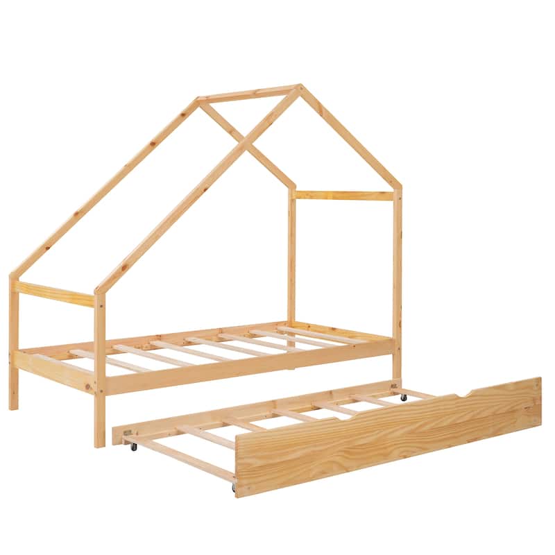 Wooden House Bed With Trundle