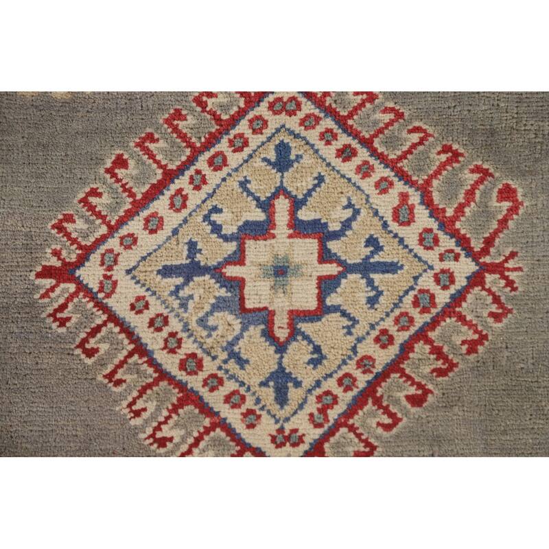 Geometric Grey Kazak Runner Rug Handmade Wool Carpet - 2'10" x 19'7"