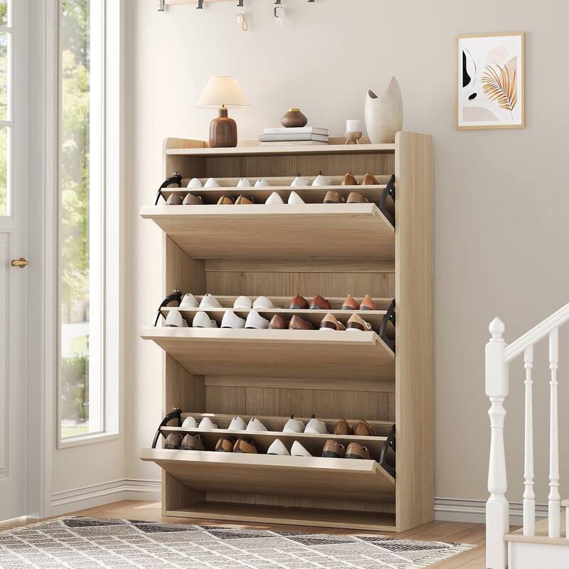 Shoe Cabinet with 3/2/4 Flip Drawers, Modern Shoe Storage for Entryway, Wooden Shoe Organizer Cabinet - 3-Drawers natural