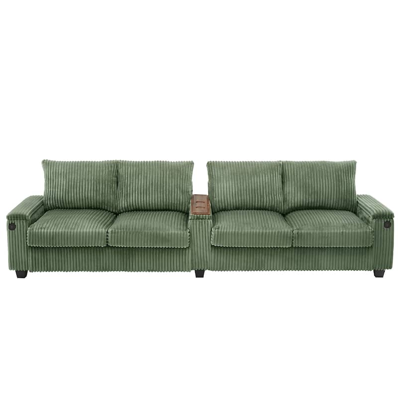 4 Seater Corduroy Sofa Couch with USB Ports and Storage Arms, 133" Modern Sofa with Side Pockets and Flip-Top Cup Holders
