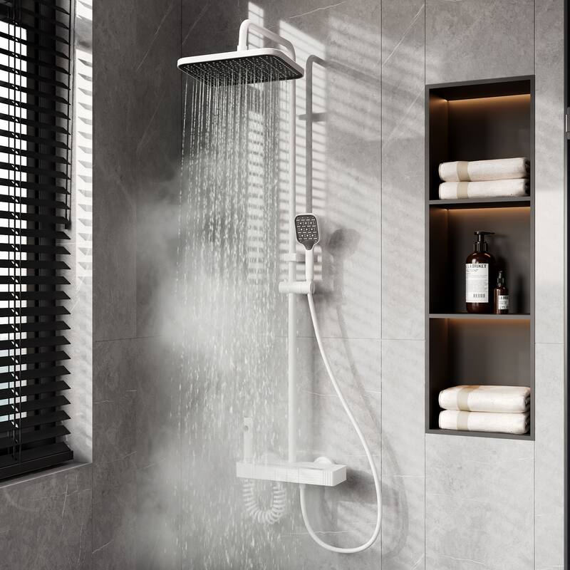 White Thermostatic Shower System with Digital Display, 4 Function Rainfall Shower Head CEC Certified Aluminum Shower Faucet Set