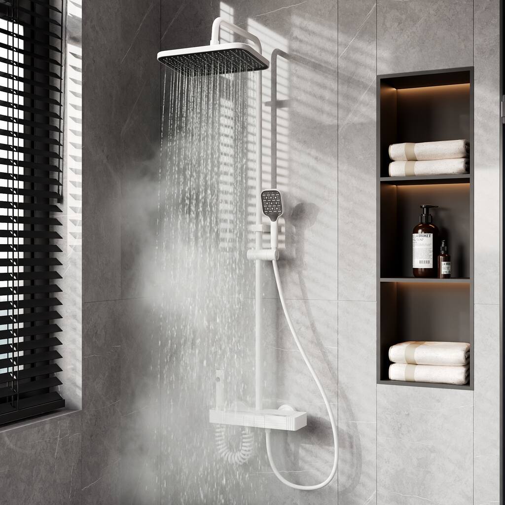White Thermostatic Shower System with Digital Display, 4 Function Rainfall Shower Head CEC Certified Aluminum Shower Faucet Set