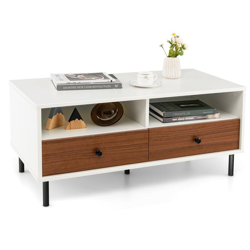 Gymax Coffee Table Modern Rectangle w/ Storage Shelf & Drawers Living - White+Brown - Wood