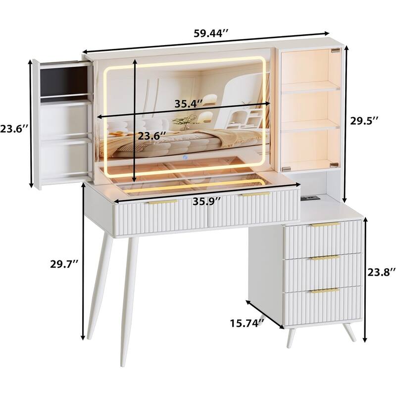 Modern Bedroom Makeup Table Vanity Desk with Mirror and Lights, Glass Tabletop Dressing Table with Drawers