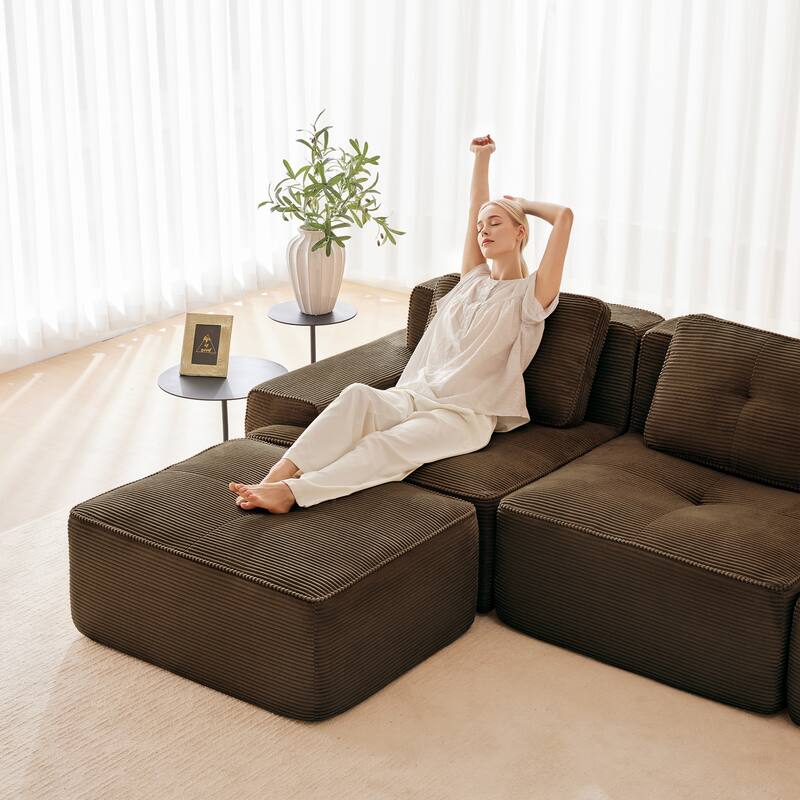82" Tufted Sectional Sofa with Movable Ottoman, 2-Seater Corduroy Couch for Living Room, Floor Upholstered Leisure Loveseat