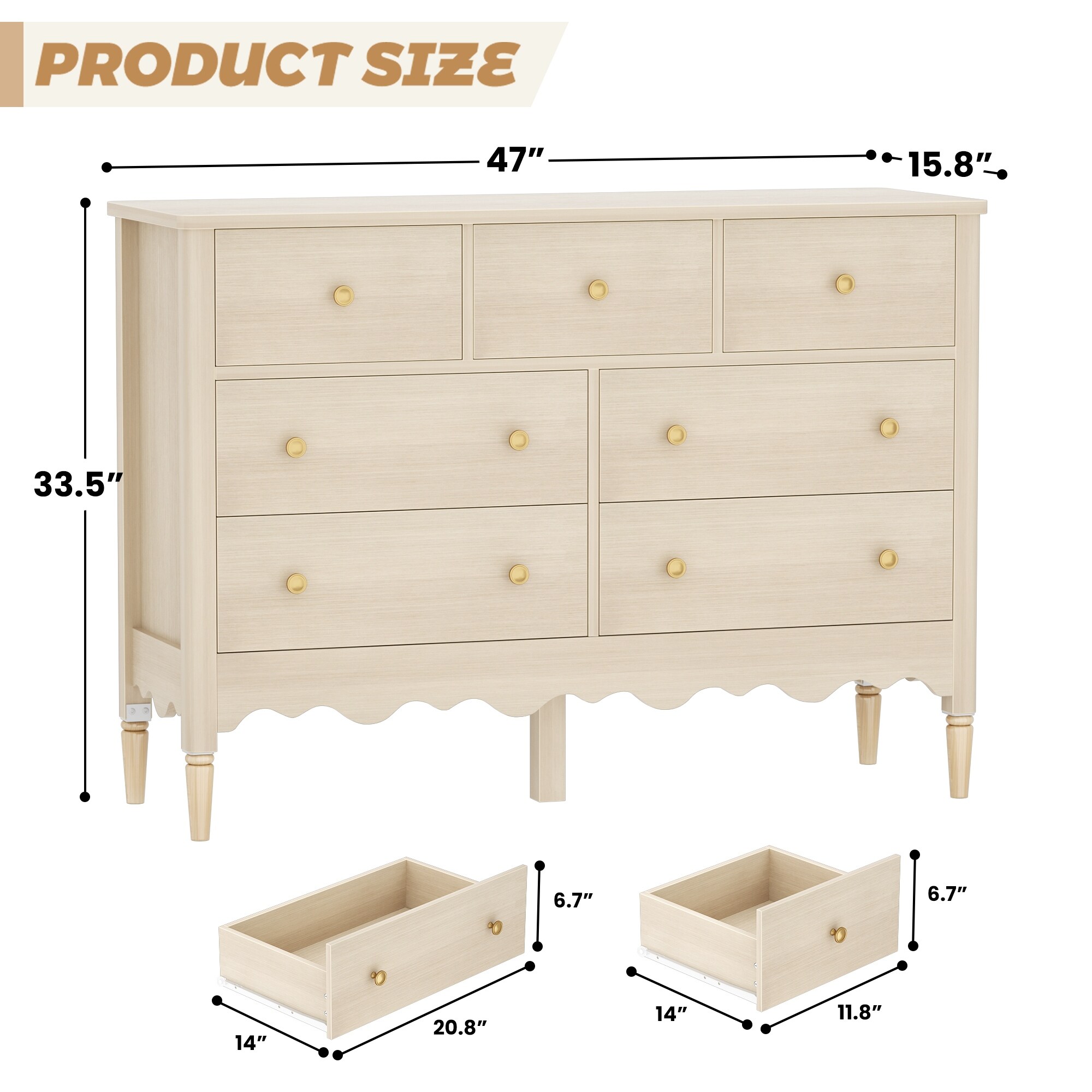 Narill Wave-Inspired 7-Drawer Dresser, 47-In Bedroom Chest of