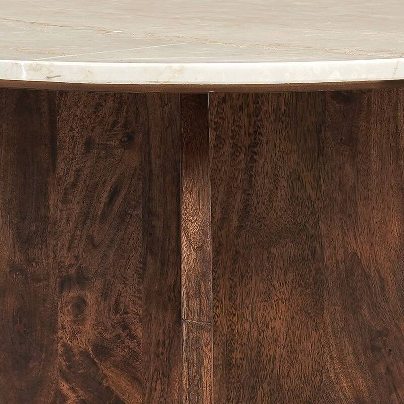 Kali Coffee Table 27" Natural Round Marble Tabletop Dark Brown Mango Wood Sculptural Base