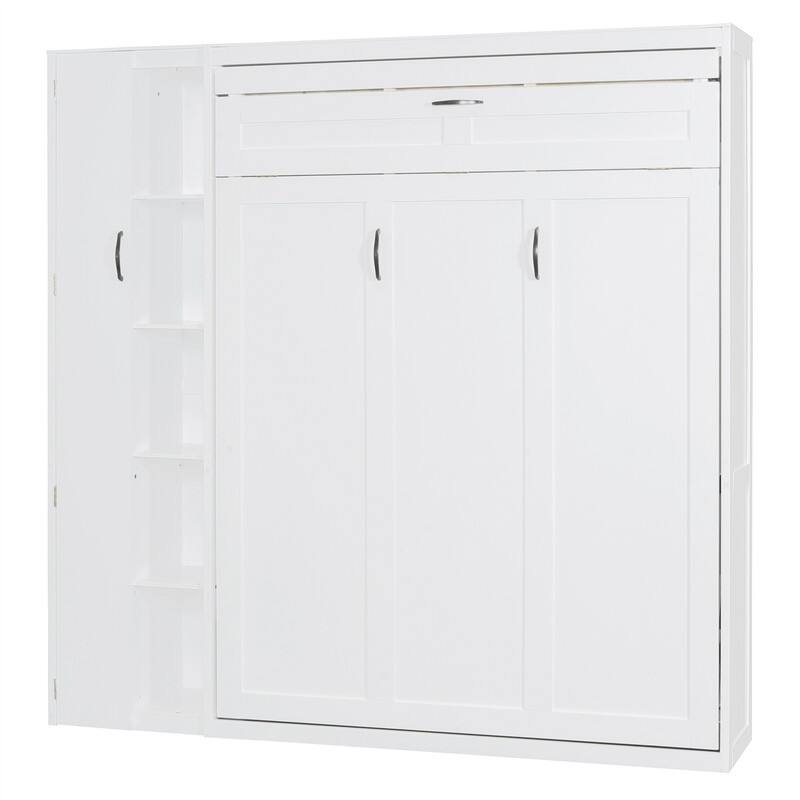 Full/Queen Size Murphy Bed Wall Bed with LED Lights and Storage Cabinet, Foldable Murphy Cabinet Bed with Open Storage Shelves