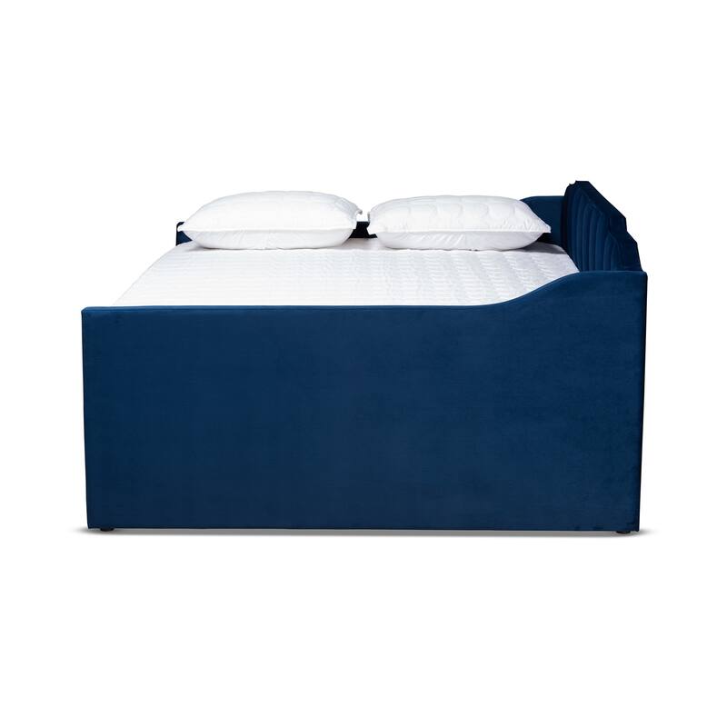 Modern Daybed with Trundle - Navy Blue Velvet Upholstered Full Size Bed Frame - Bedroom Platform Bed