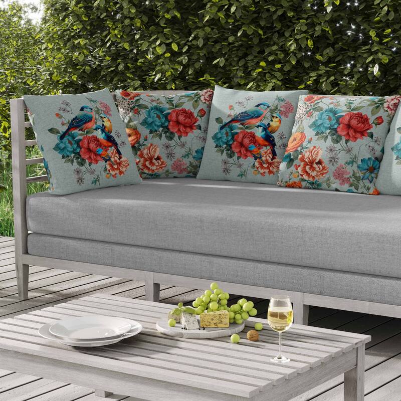 Petal Perched Birds Indoor/Outdoor Reversible Throw Pillow Mint and Red