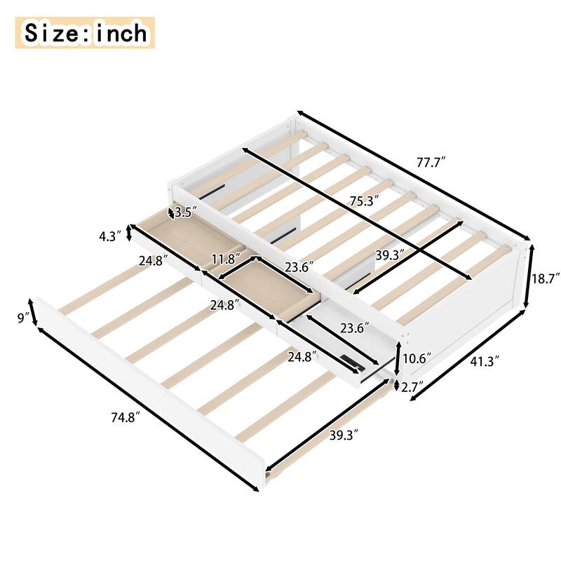 Platform Bed with Trundle, 2 Storage Drawers and Built In Power Strip, Solid Wood Bed Frame