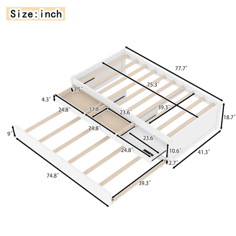 Twin Platform Bed with Trundle and 2 drawers,SolidWood Beds with Power strip