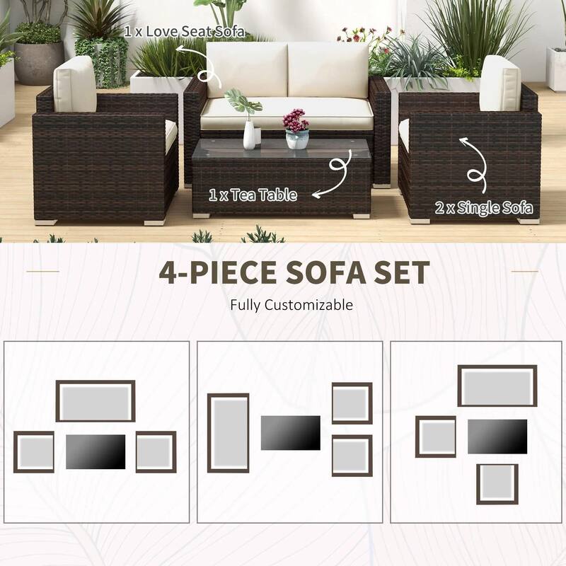 4PCS PE Rattan Patio Set, Sofa Chaise Coffee Table, All Weather