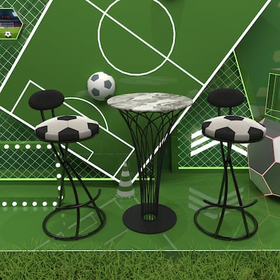 Velvet Upholstered S-Shaped Bar Stools Set of 2, Football Print Round Dining Chair, Kitchen Island Stools with Back & Footrest