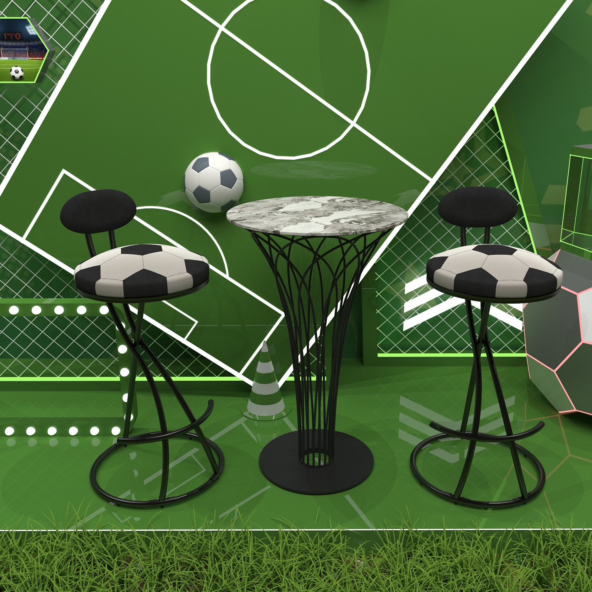 Velvet Upholstered S-Shaped Bar Stools Set of 2, Football Print Round Dining Chair, Kitchen Island Stools with Back & Footrest