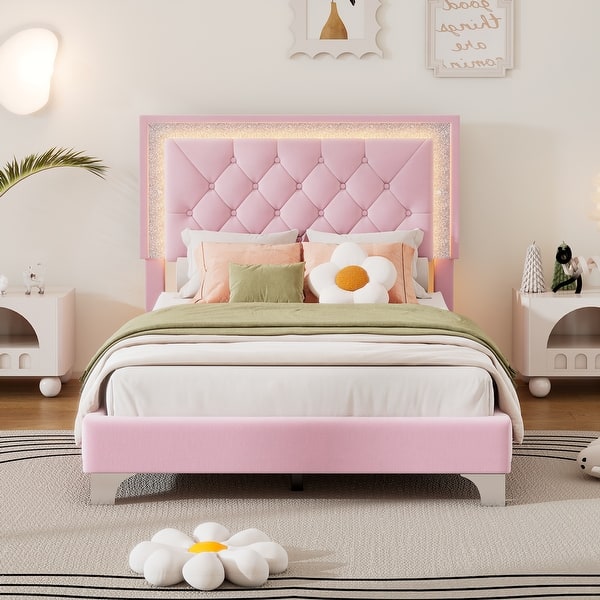 slide 2 of 11, Twin Size Upholstered Platform Bed with LED Lights for Kids, Pink Pink - Twin