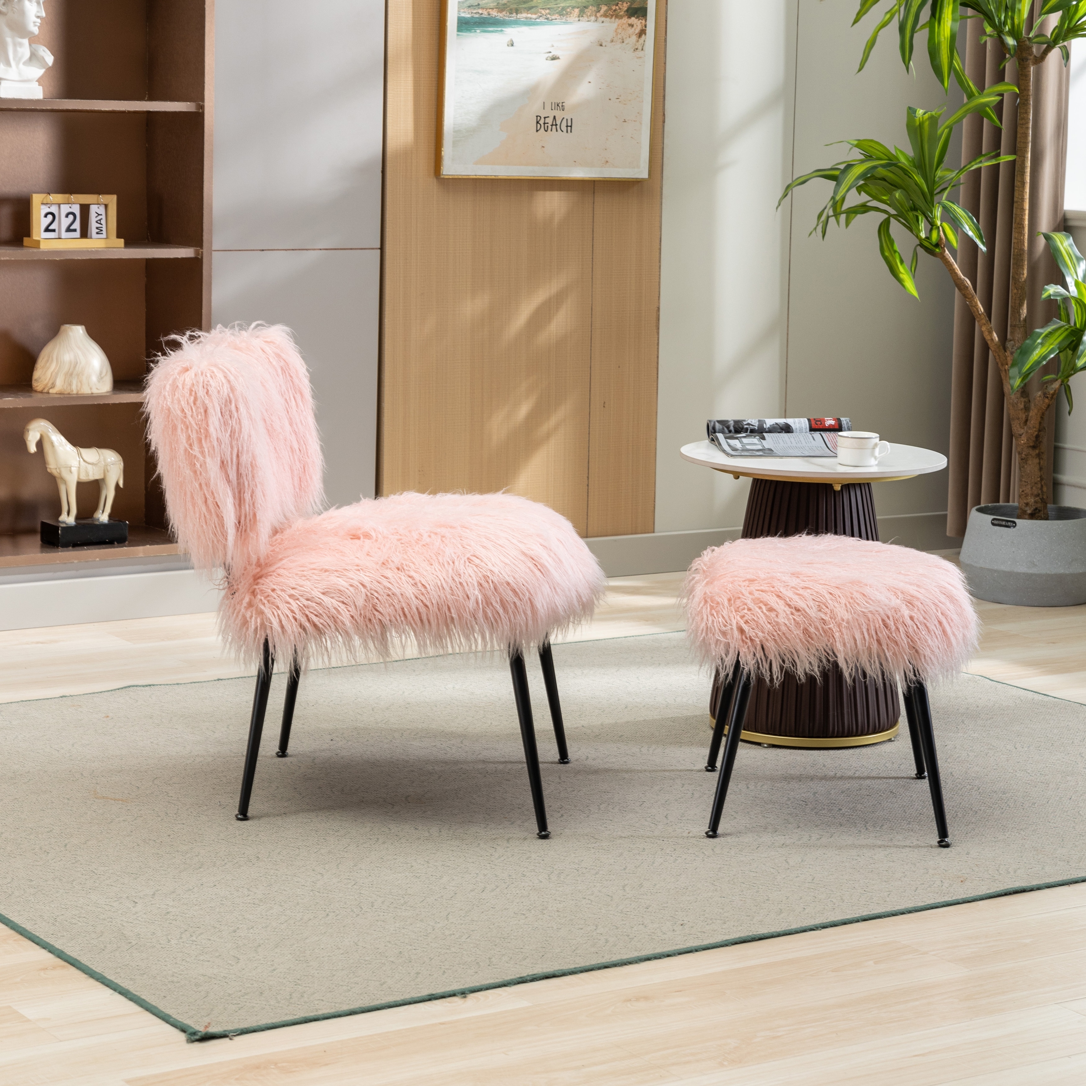 Livingroom Chair Ottoman Sets Fluffy Faux Fur Plush Sofa Chairs