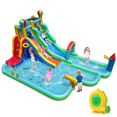 Inflatable Water Slide with Dual Slides, 950W Blower Climbing Wall and Basketball Hoop for Kids - 225" x 145.5" x 105"