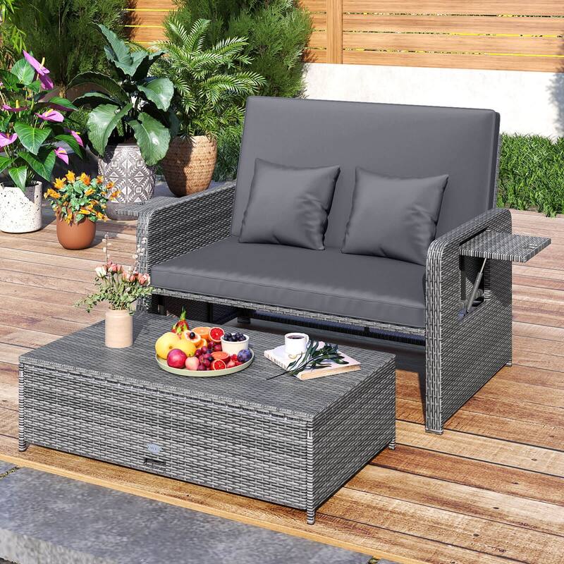 Costway Wicker Loveseat Sofa Set Patio Rattan Daybed with Ottoman & - See Details