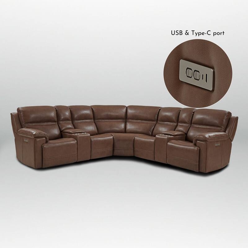121" W Premium Genuine Leather Dual-Power Sectional Sofa with Console, Zero Gravity, Adjustable Headrest